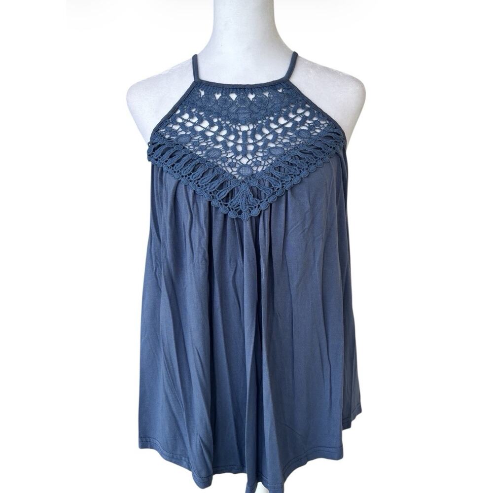 Bluetime Blue Crochet Lace Halter Boho Tank Top Sz M Festival, Romantic, Summer